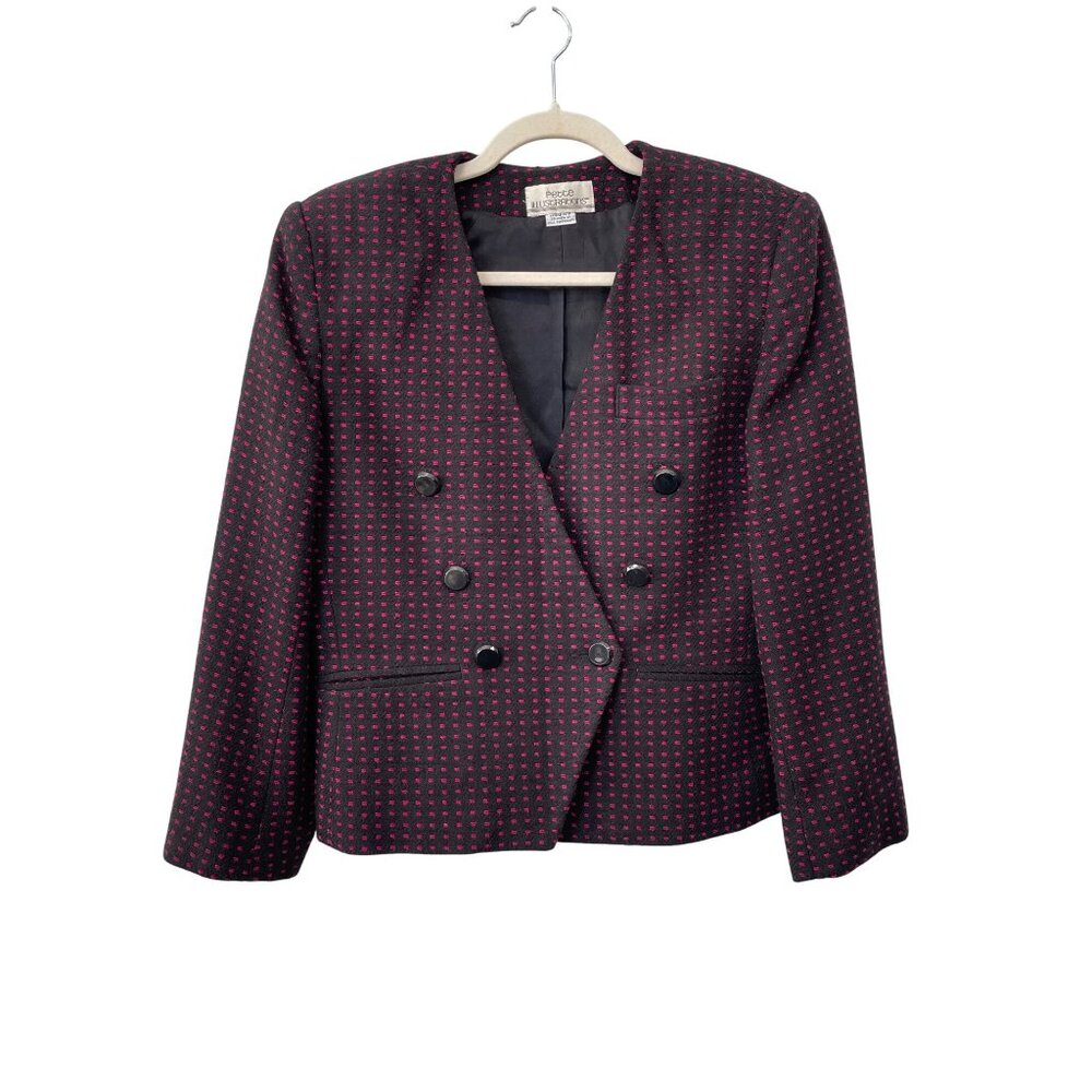 80s Vintage Petite Illustrations Blazer Jacket Size 8P Black Pink Wool Blend